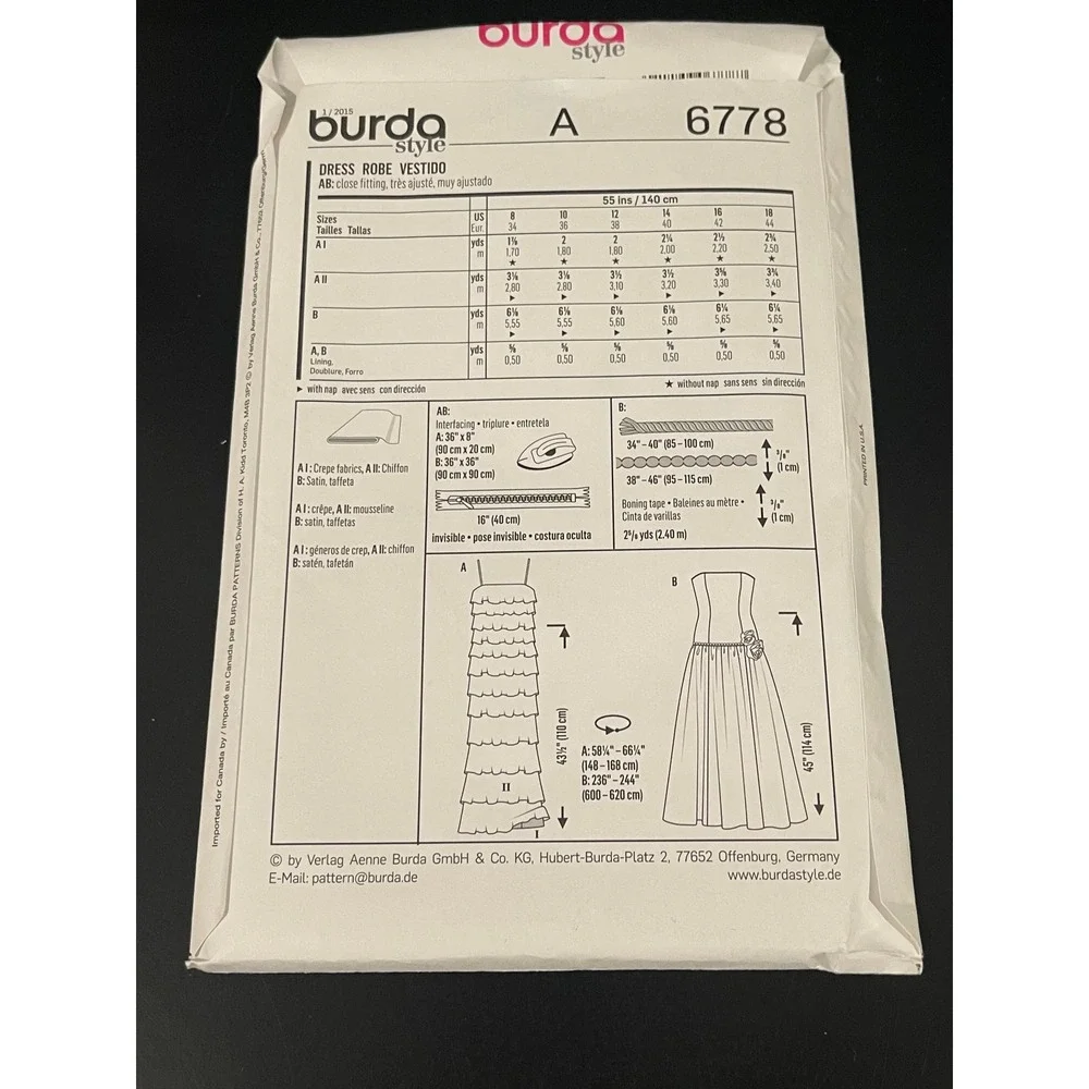 00300 Burda Style 6778 Sewing Pattern Dress Gown Evening Formal‎ Maxi Sz 8-18